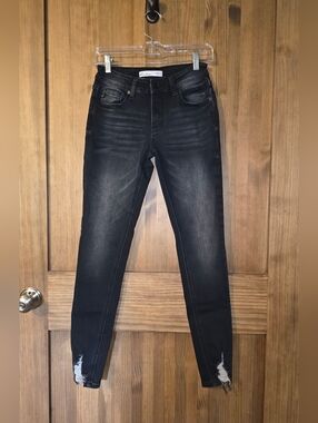 KanCan Women’s Black Washed Skinny Jeans with Ankle Distress